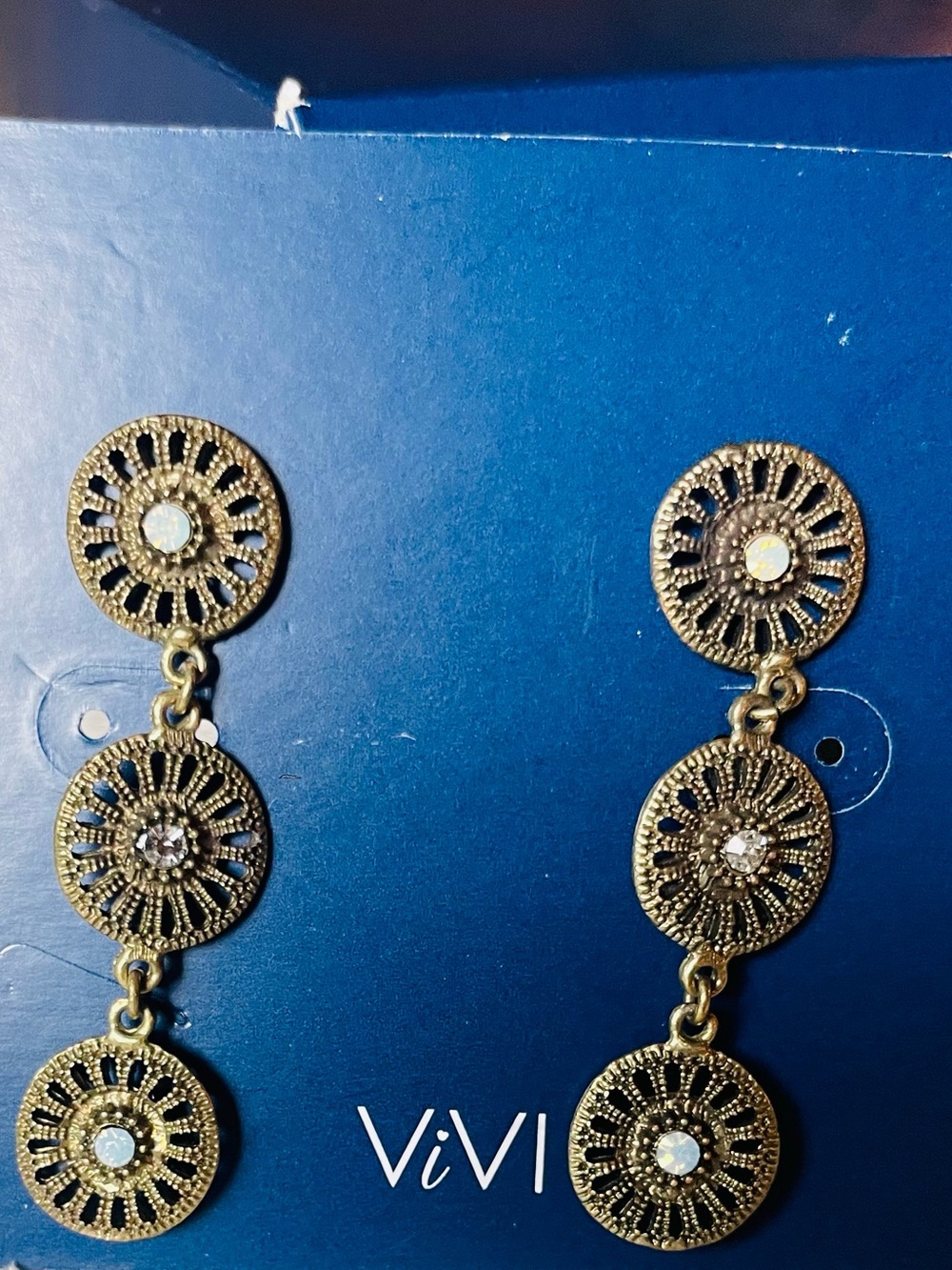 ViVI Gold-Tone Triple Medallion Drop Earrings with Crystal Centers